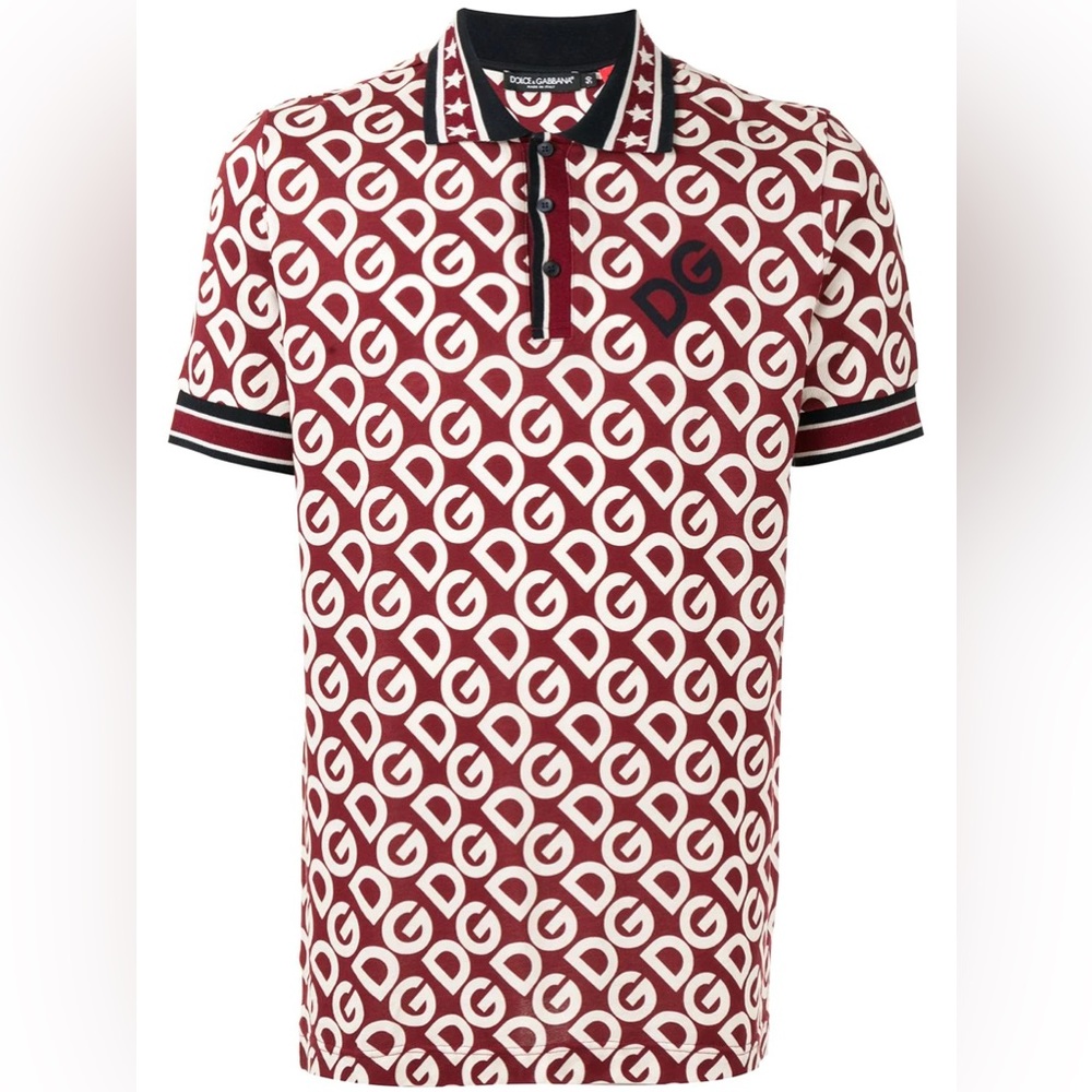 Cotton Polo Shirt with DG Mania Logo Print Red White Dolce & Gabanna